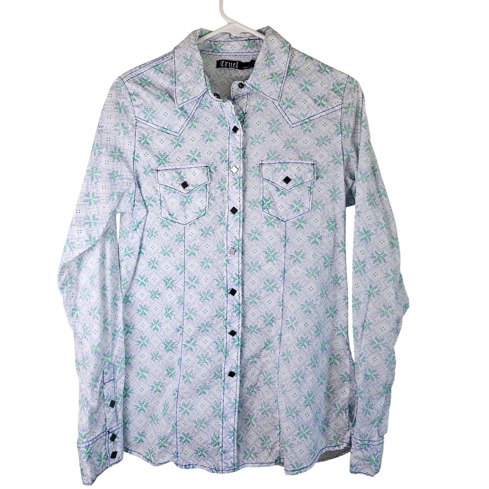 Cruel Denim Womens Western Snap Shirt Large Green Blue Geometric Rodeo Ranch